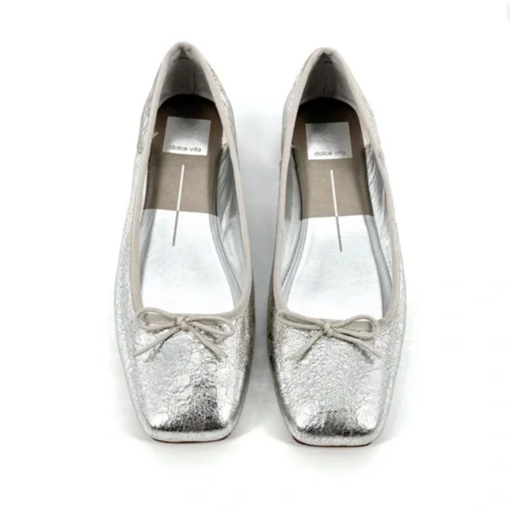 Dolce Vita Women's Anisa Ballet Flats Silver Distressed Leather - Classic Bow - Picture 2 of 6